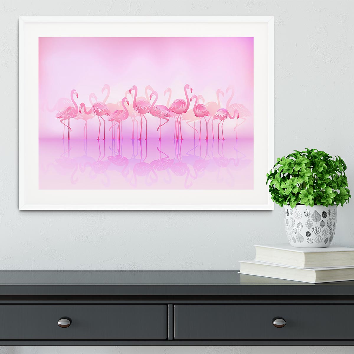 Flock of caribbean flamingos over a lake Framed Print - Canvas Art Rocks - 5