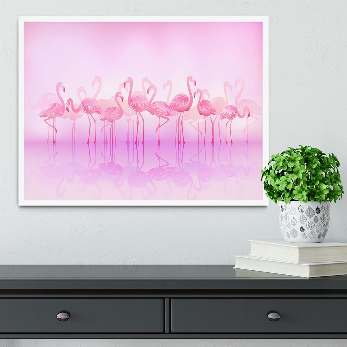 Flock of caribbean flamingos over a lake Framed Print - Canvas Art Rocks -6