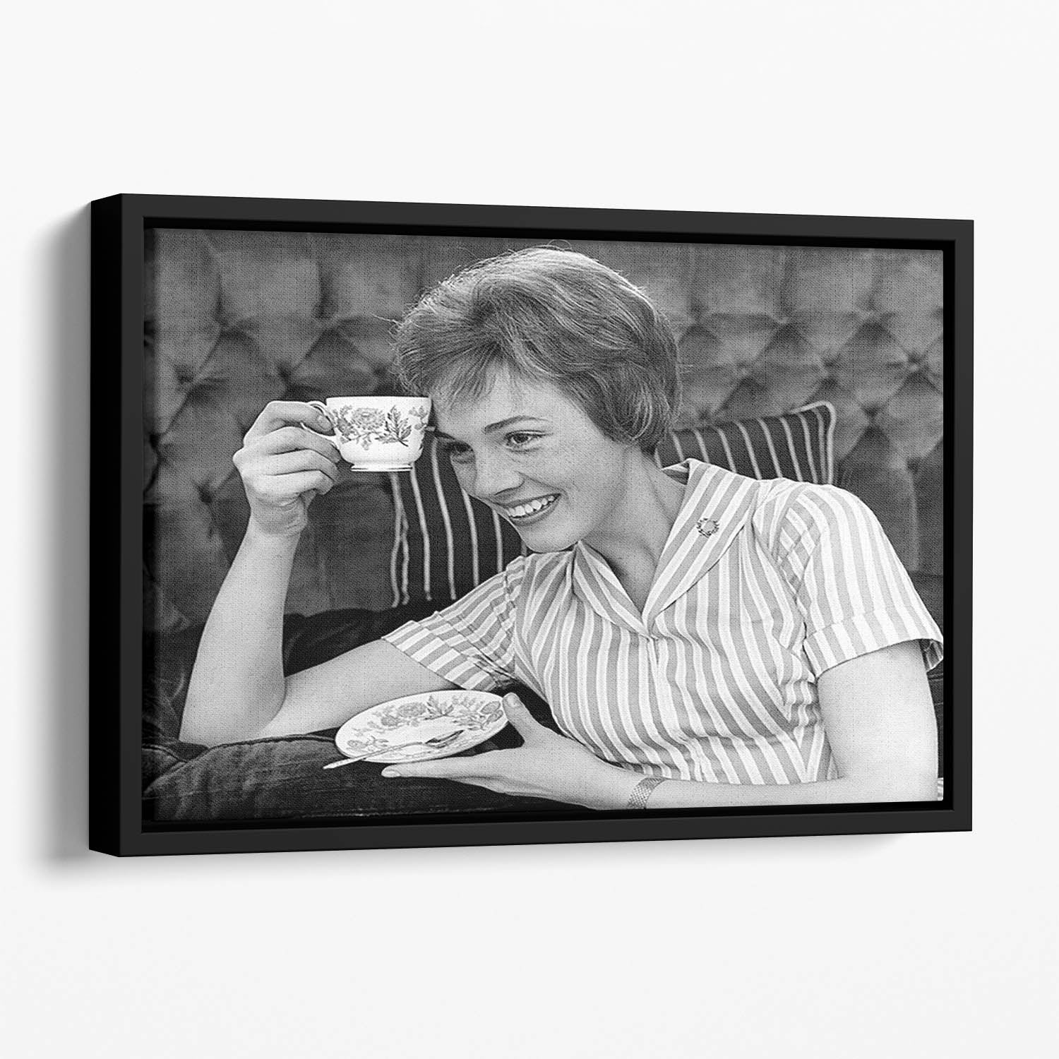 Julie Andrews with a cup of tea Floating Framed Canvas
