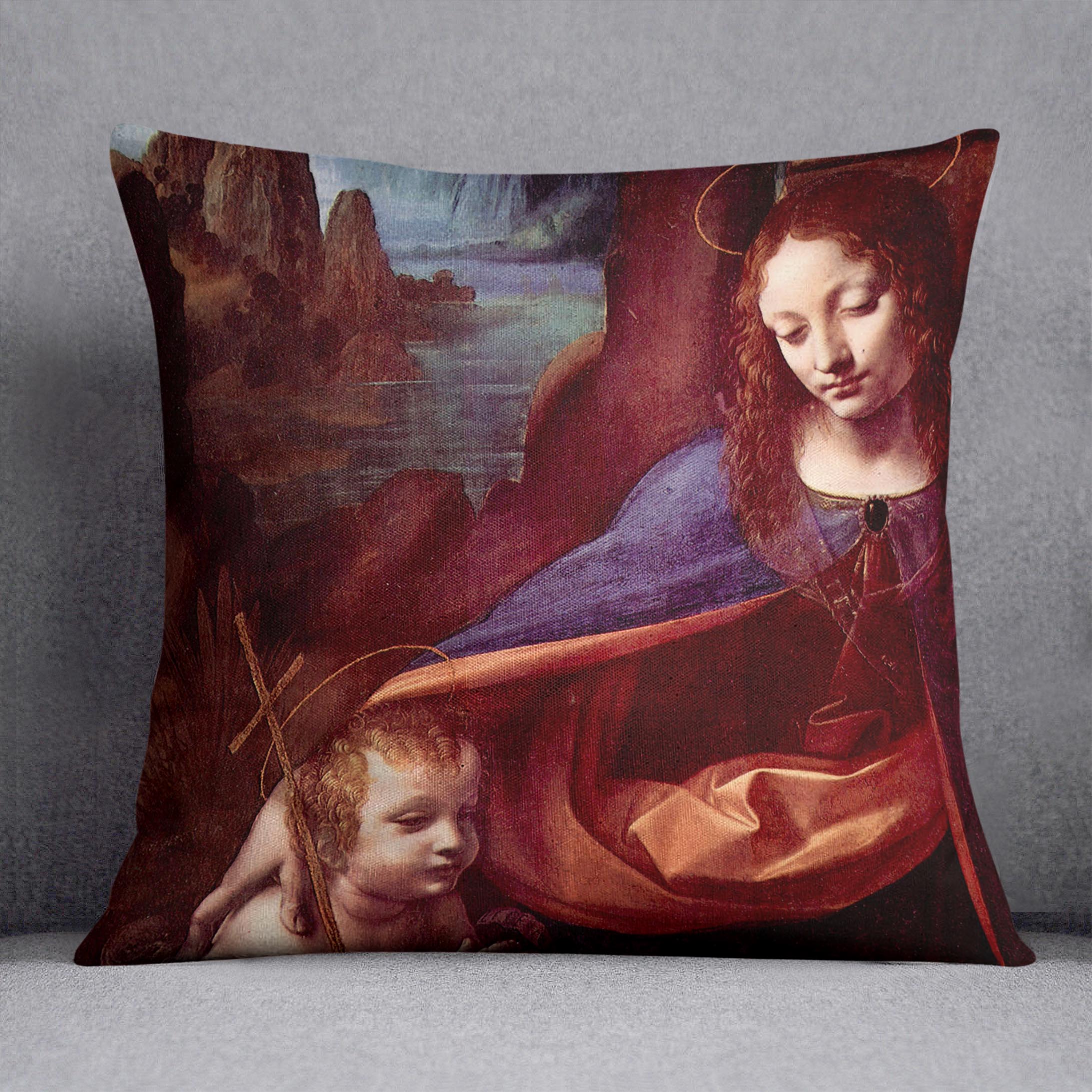 Madonna in the rock cave Detail by Da Vinci Cushion