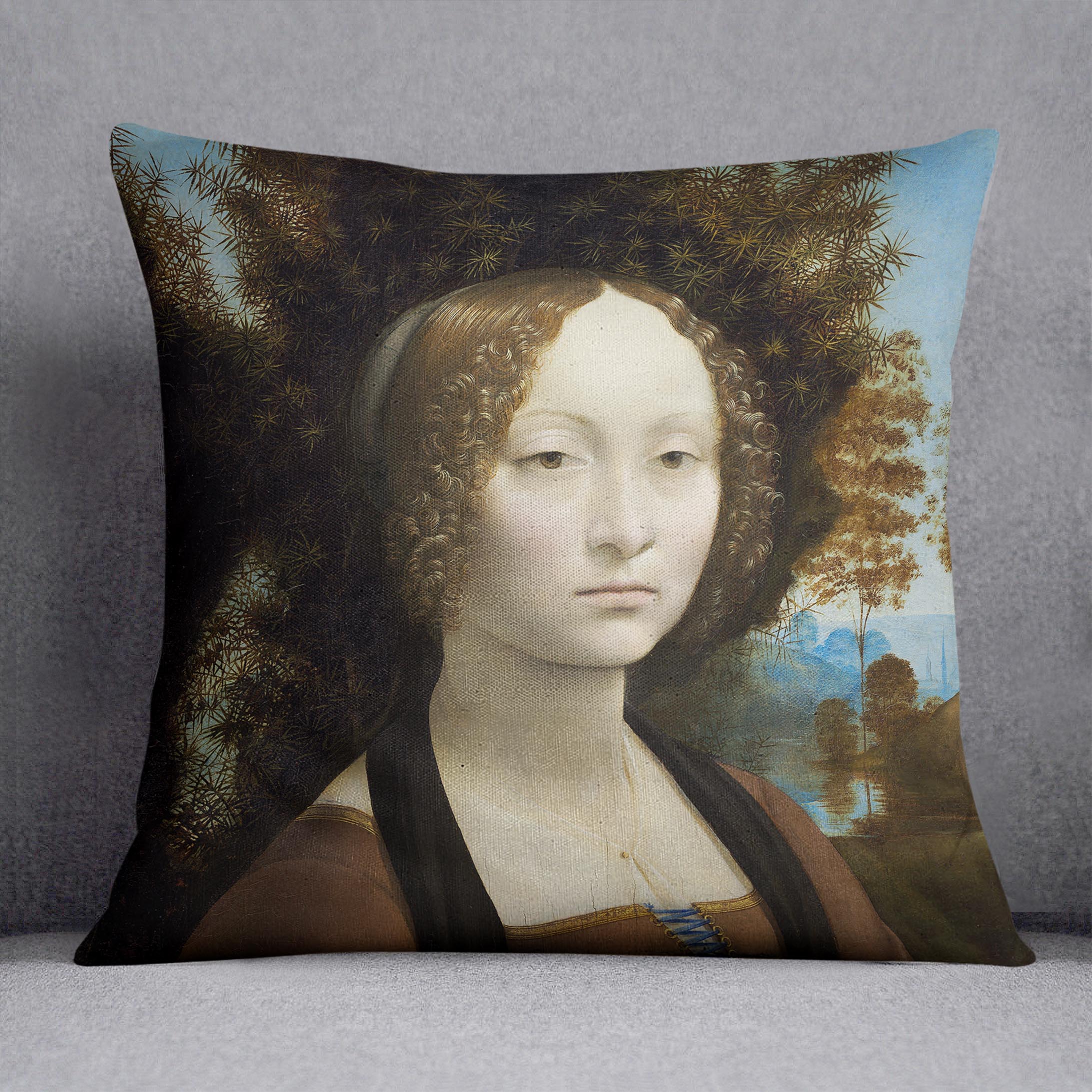 Portrait of Ginevra de Benci by Da Vinci Cushion