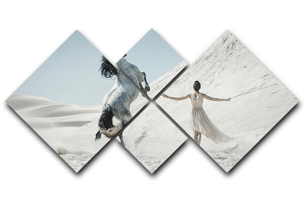 Pretty lady with white horse on the desert 4 Square Multi Panel Canvas - Canvas Art Rocks - 1