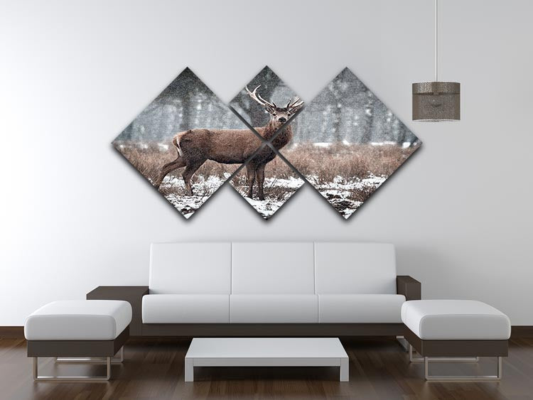 Red Deer Stag Cervus elaphus in the Scottish Winter Snow 4 Square Multi Panel Canvas - Canvas Art Rocks - 3