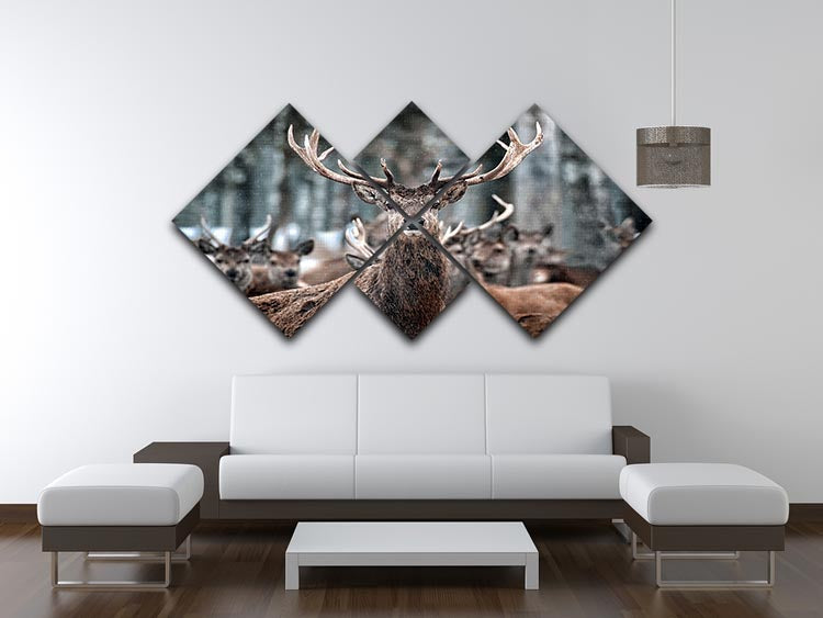 Red Deer Stag and Herd 4 Square Multi Panel Canvas - Canvas Art Rocks - 3