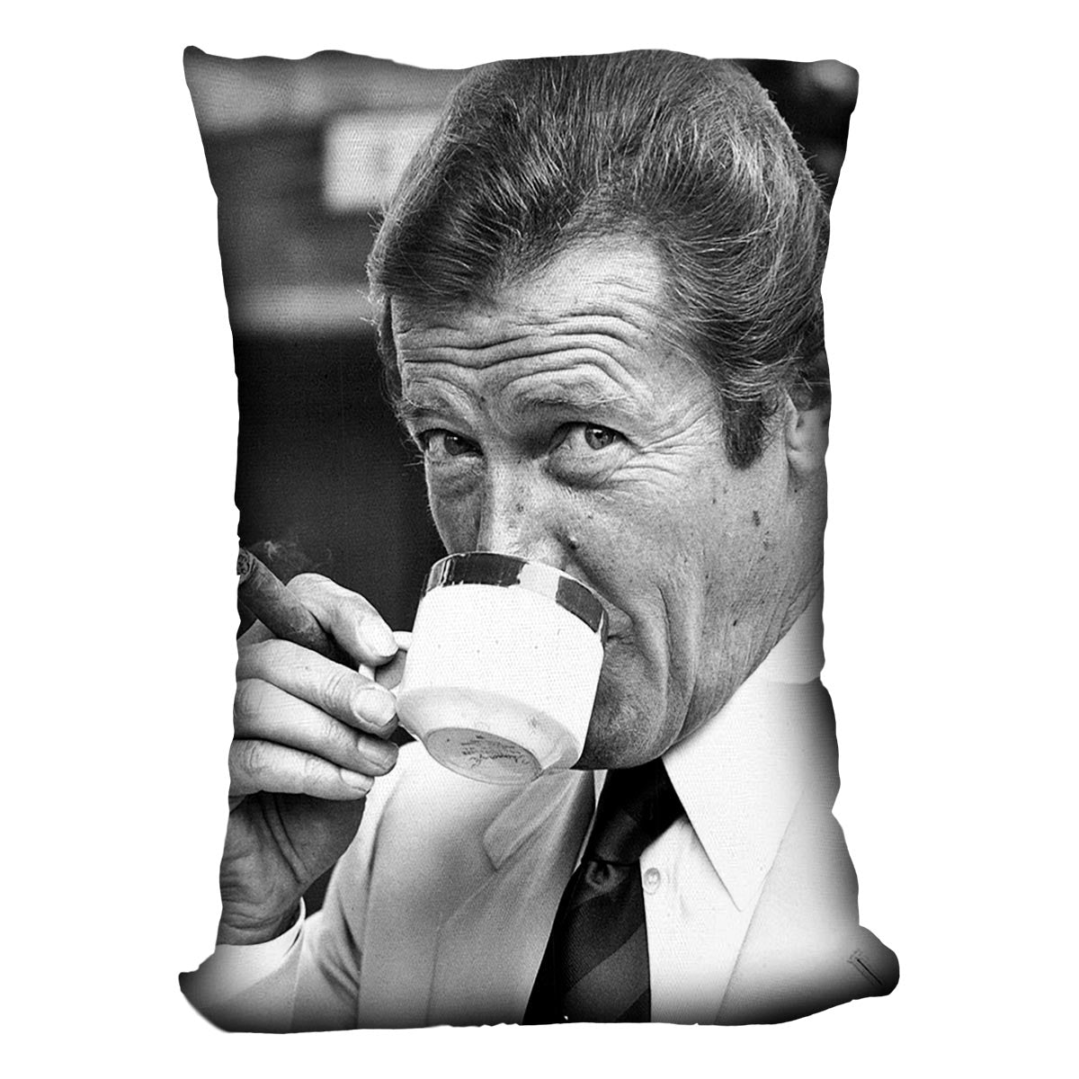 Roger Moore with coffee and a cigar Cushion