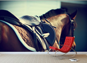 Saddle with stirrups on a back of a brown horse Wall Mural Wallpaper - Canvas Art Rocks - 2