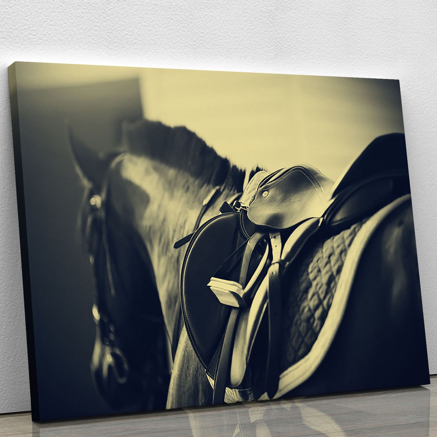 Saddle with stirrups on a back of a sport horse Canvas Print or Poster - Canvas Art Rocks - 1