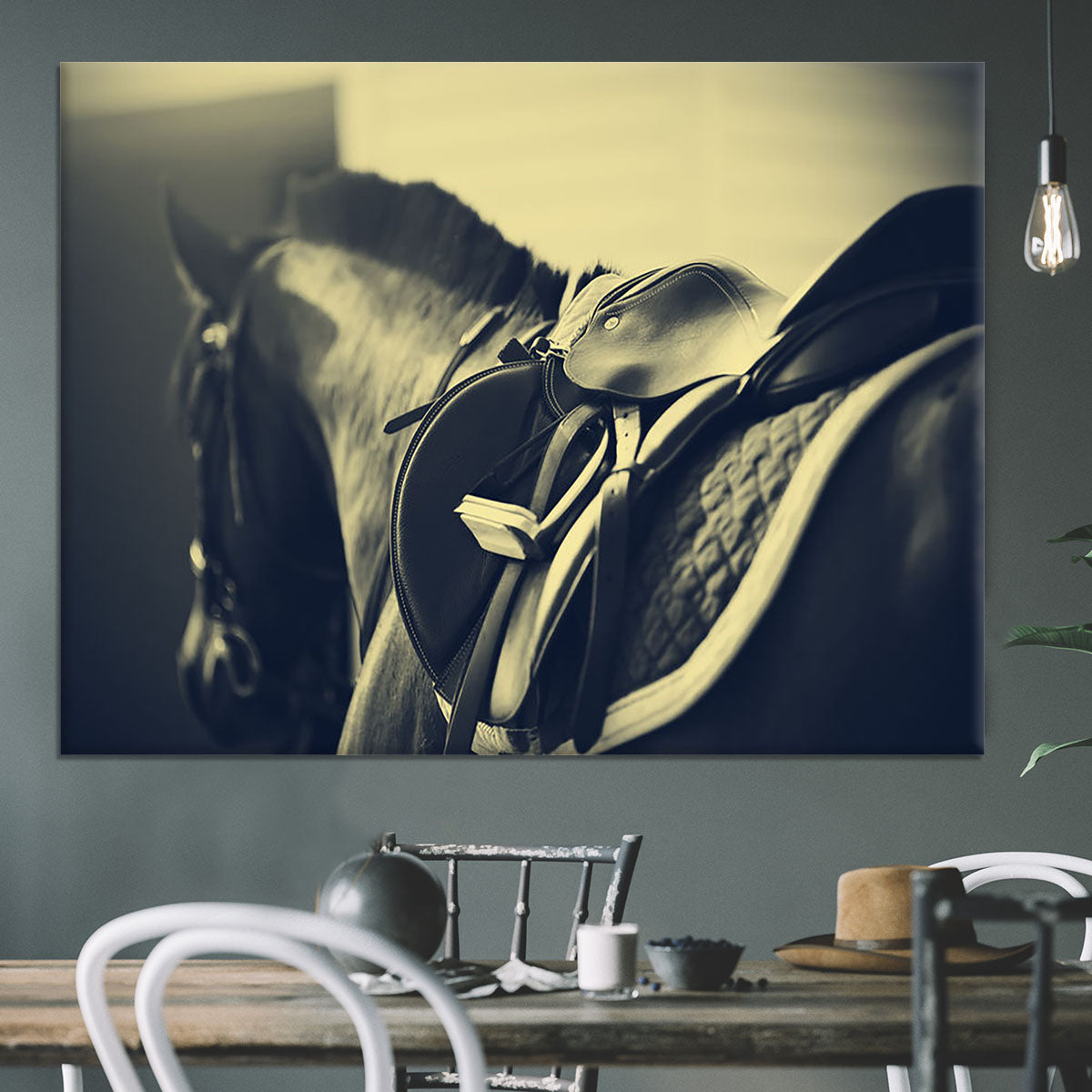 Saddle with stirrups on a back of a sport horse Canvas Print or Poster - Canvas Art Rocks - 3
