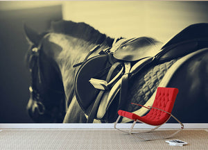 Saddle with stirrups on a back of a sport horse Wall Mural Wallpaper - Canvas Art Rocks - 2