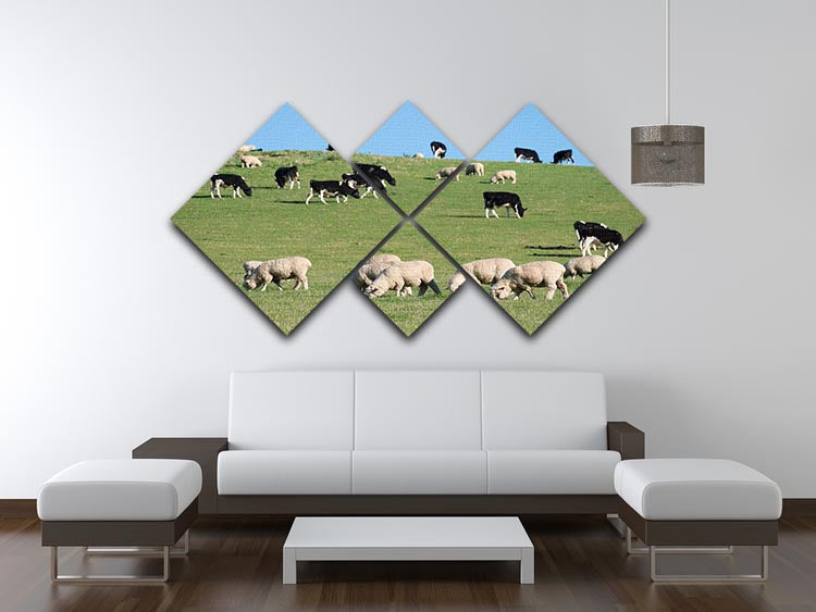 Sheeps in green rural meadow with cows 4 Square Multi Panel Canvas - Canvas Art Rocks - 3