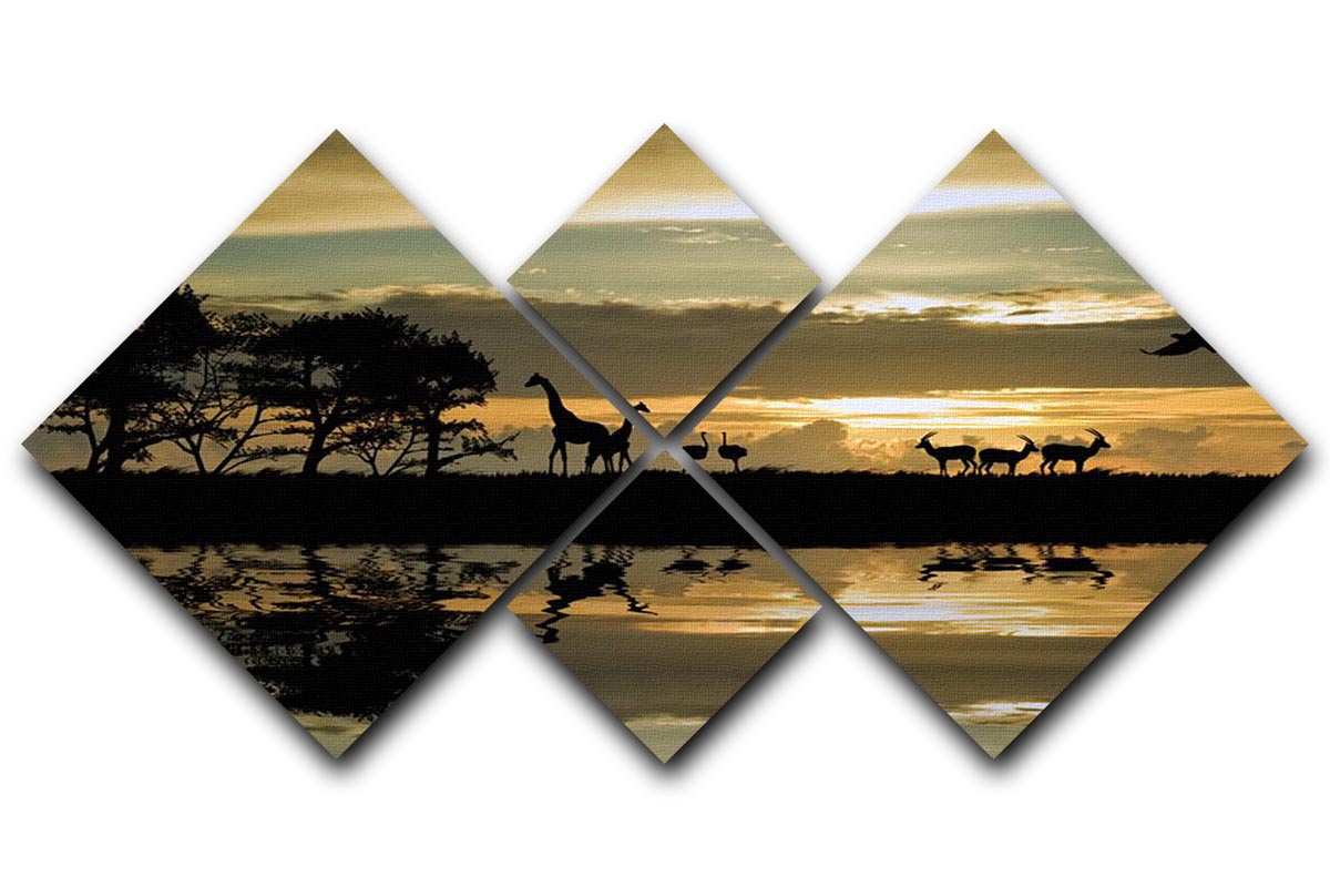 Silhouette of animals in Africa 4 Square Multi Panel Canvas - Canvas Art Rocks - 1