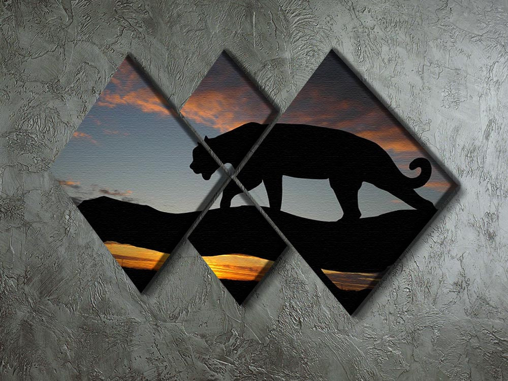 Silhouette of leopard on tree over sunset 4 Square Multi Panel Canvas - Canvas Art Rocks - 2