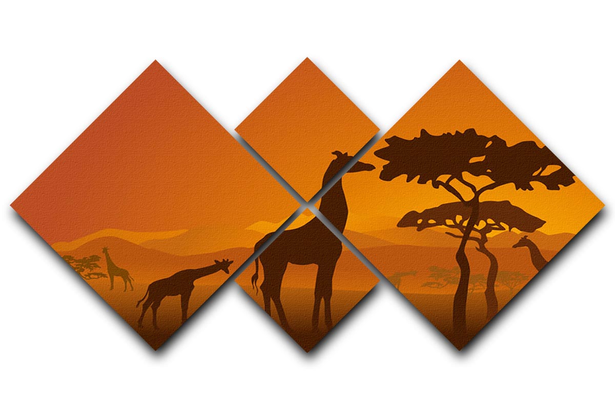 Silhouettes of giraffes in national park of Kenya 4 Square Multi Panel Canvas - Canvas Art Rocks - 1