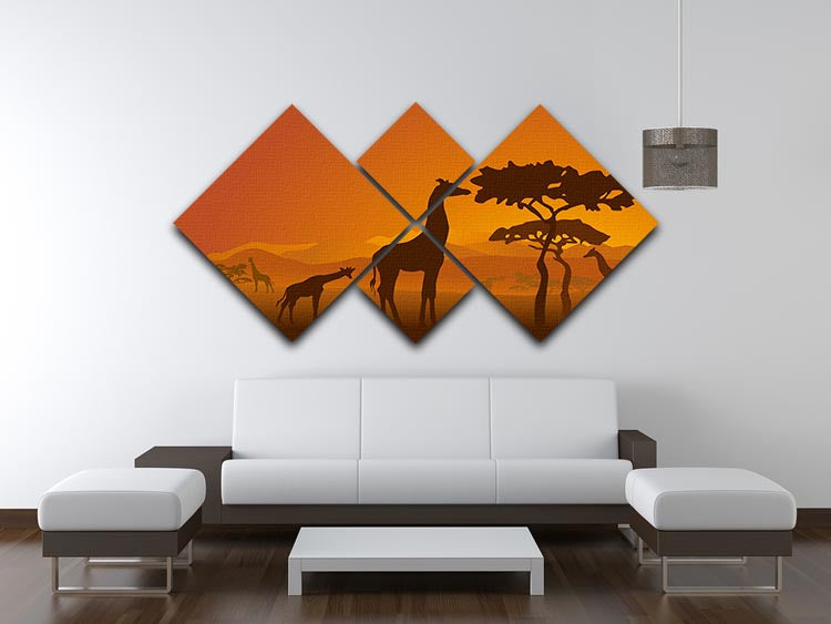 Silhouettes of giraffes in national park of Kenya 4 Square Multi Panel Canvas - Canvas Art Rocks - 3