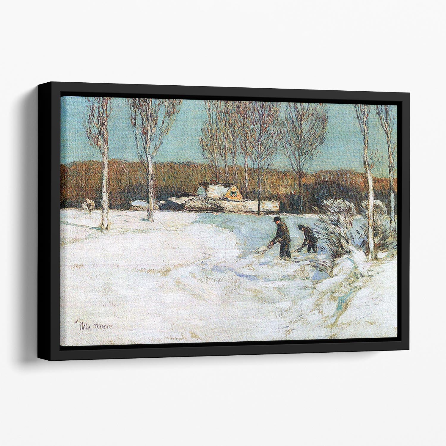 Snow shovels New England by Hassam Floating Framed Canvas - Canvas Art Rocks - 1