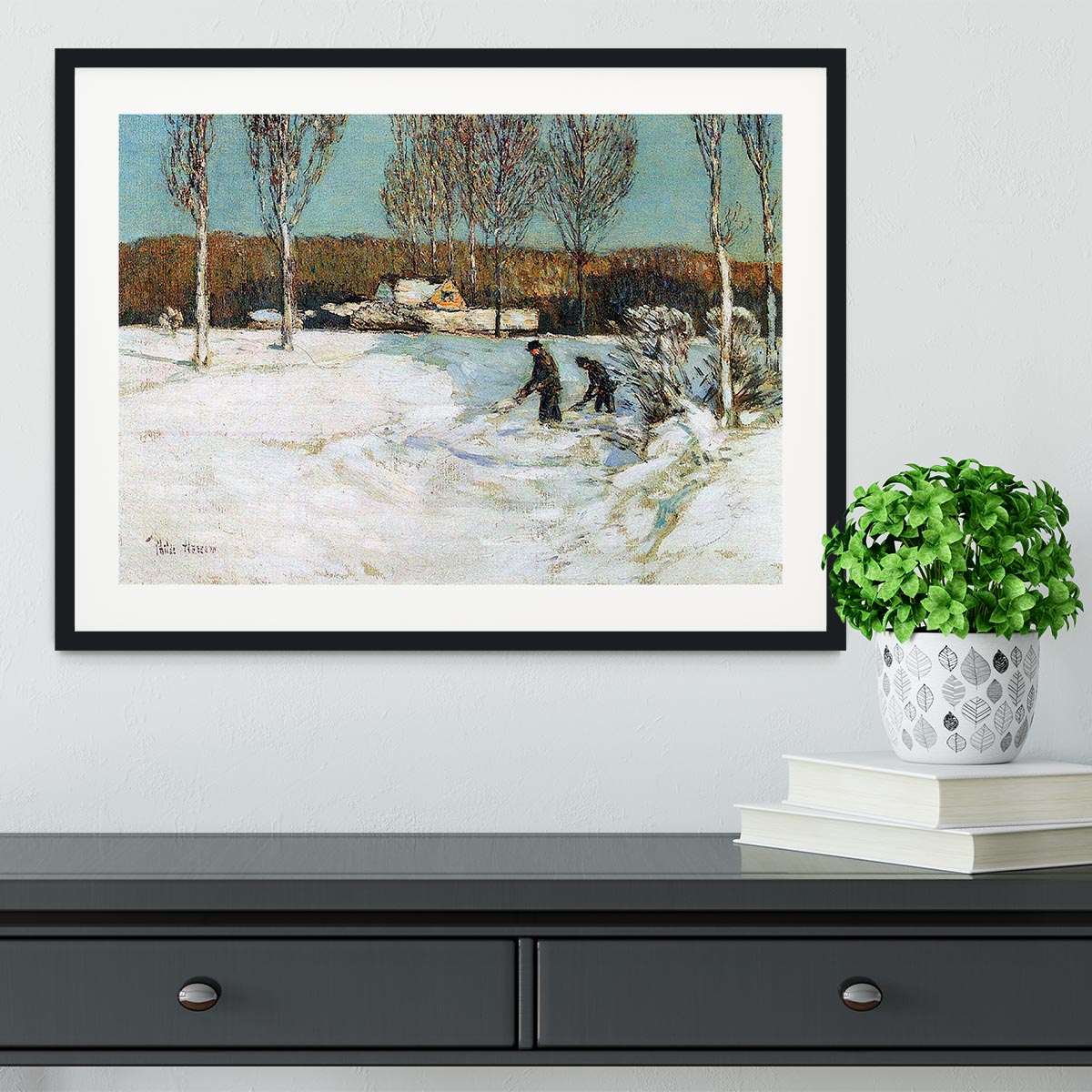 Snow shovels New England by Hassam Framed Print - Canvas Art Rocks - 1