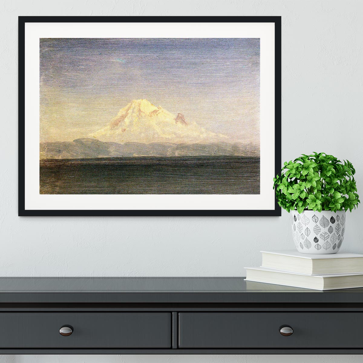 Snowy Mountains in the Pacific Northwest by Bierstadt Framed Print - Canvas Art Rocks - 1