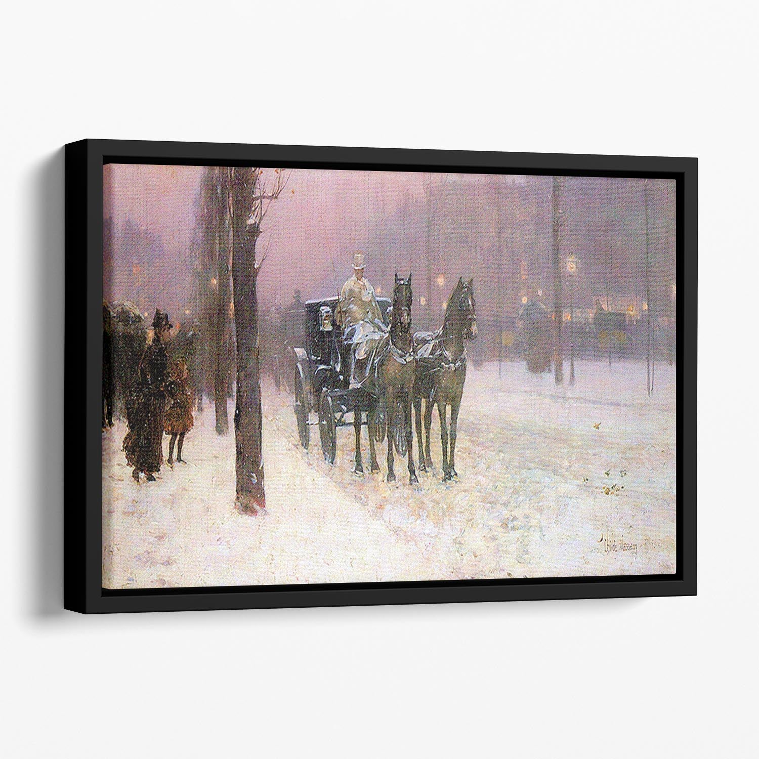 Street scene with two cabs by Hassam Floating Framed Canvas - Canvas Art Rocks - 1