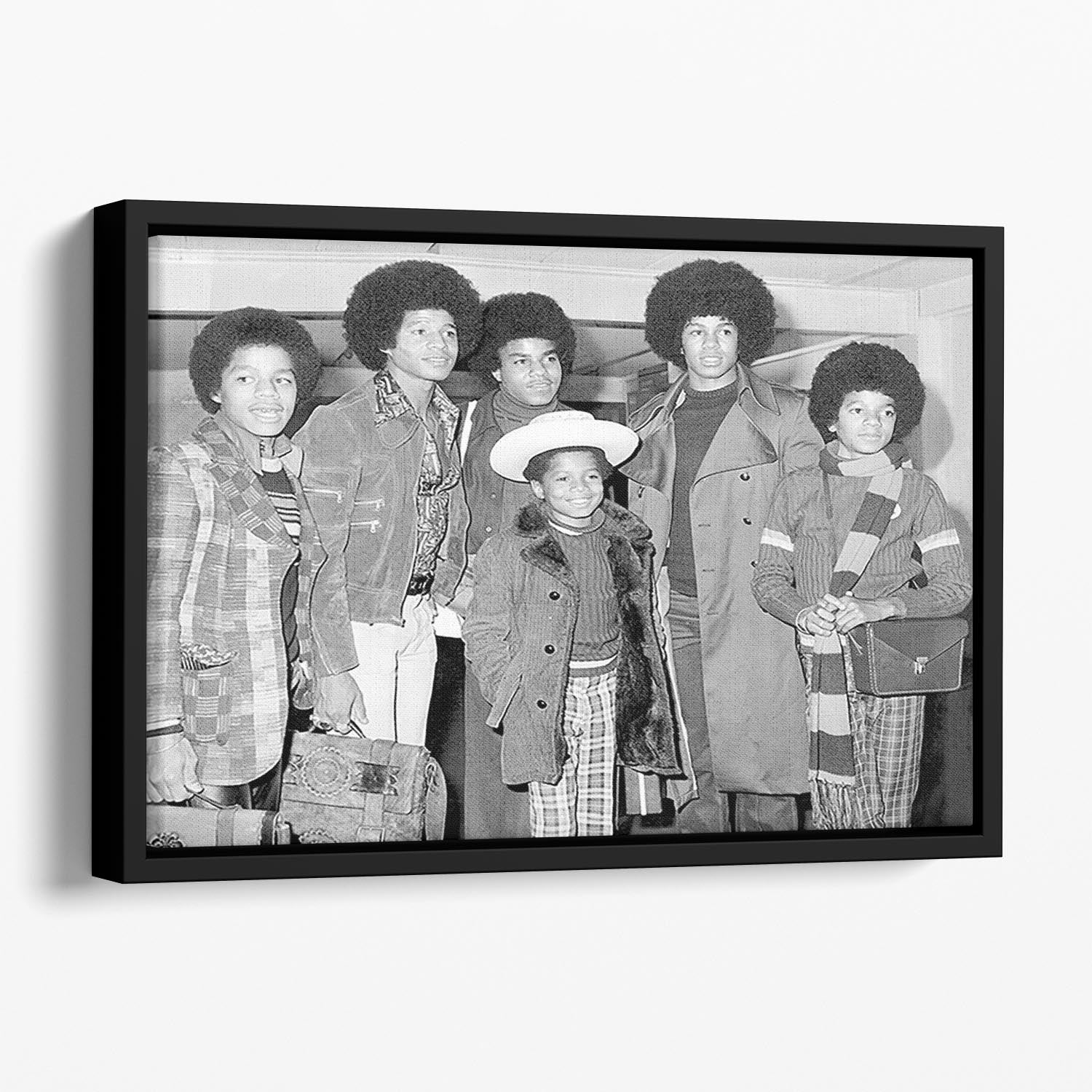 The Jackson Five Marlon Jackie Tito Jermaine Michael and in front 9 year old Randy Floating Framed Canvas - Canvas Art Rocks - 1
