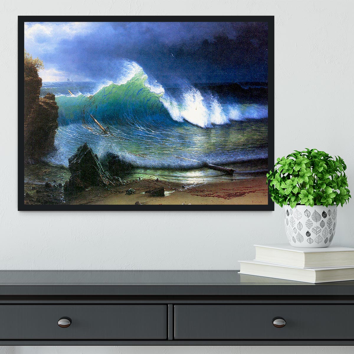 The coast of the Turquoise sea by Bierstadt Framed Print - Canvas Art Rocks - 2