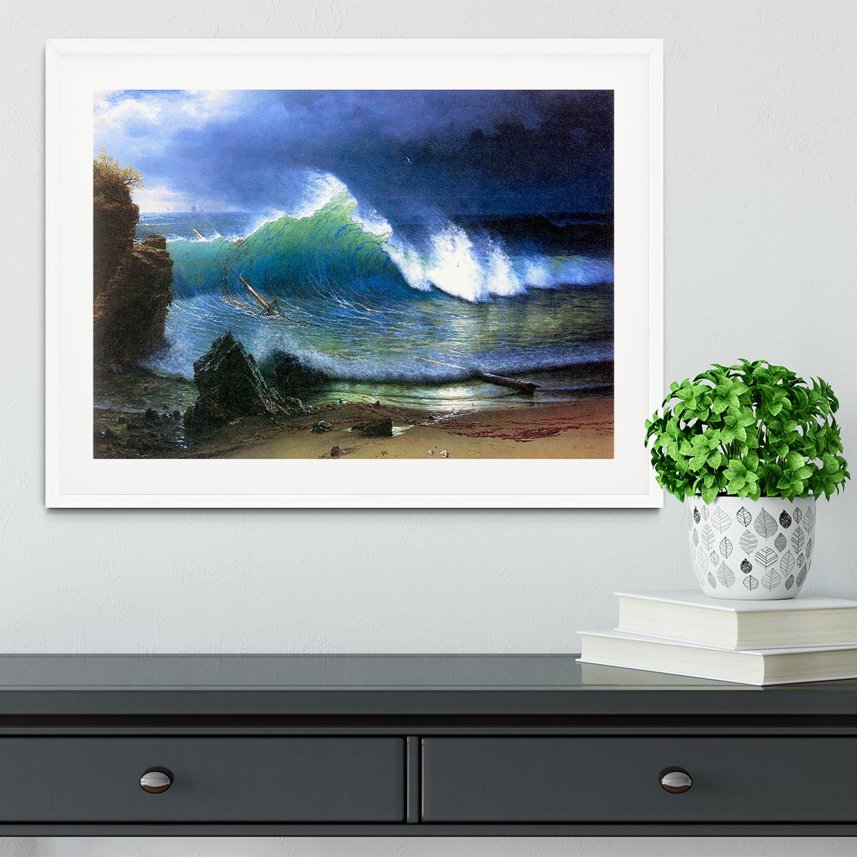 The coast of the Turquoise sea by Bierstadt Framed Print - Canvas Art Rocks - 5