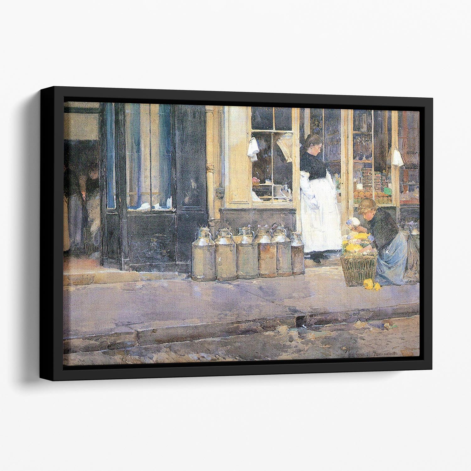 The flower girls and the milk vendor by Hassam Floating Framed Canvas - Canvas Art Rocks - 1