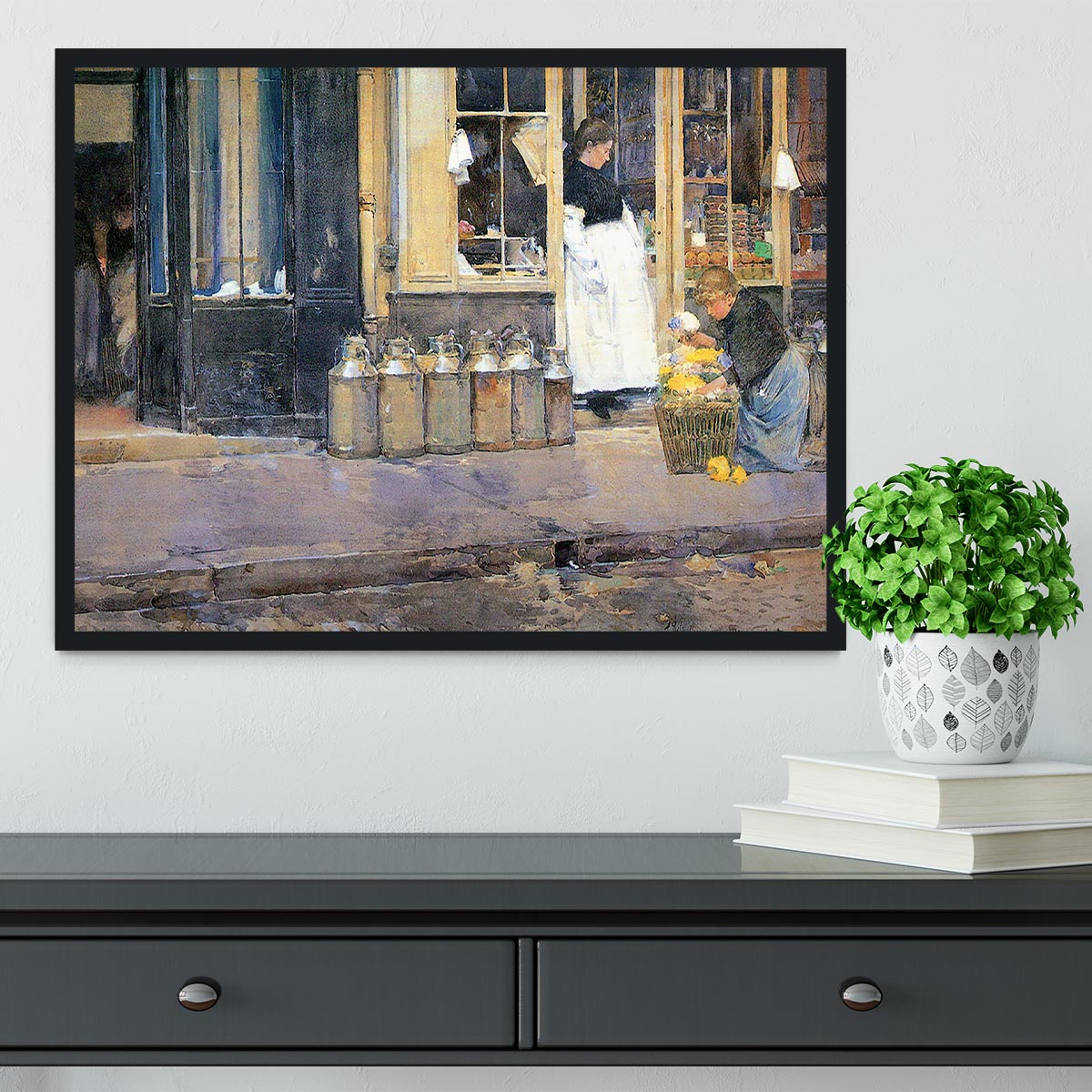 The flower girls and the milk vendor by Hassam Framed Print - Canvas Art Rocks - 2