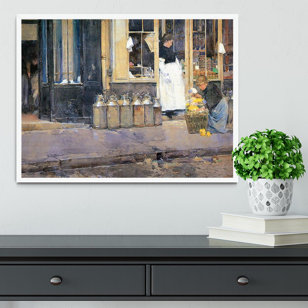 The flower girls and the milk vendor by Hassam Framed Print - Canvas Art Rocks -6