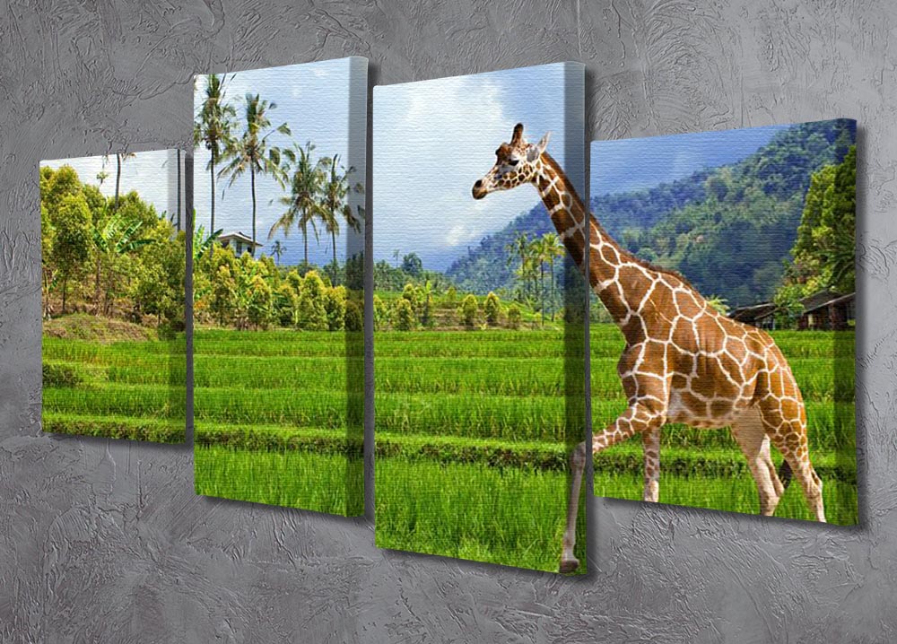The giraffe goes on a green grass against mountains 4 Split Panel Canvas - Canvas Art Rocks - 2