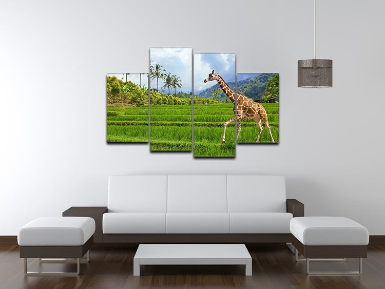 The giraffe goes on a green grass against mountains 4 Split Panel Canvas - Canvas Art Rocks - 3