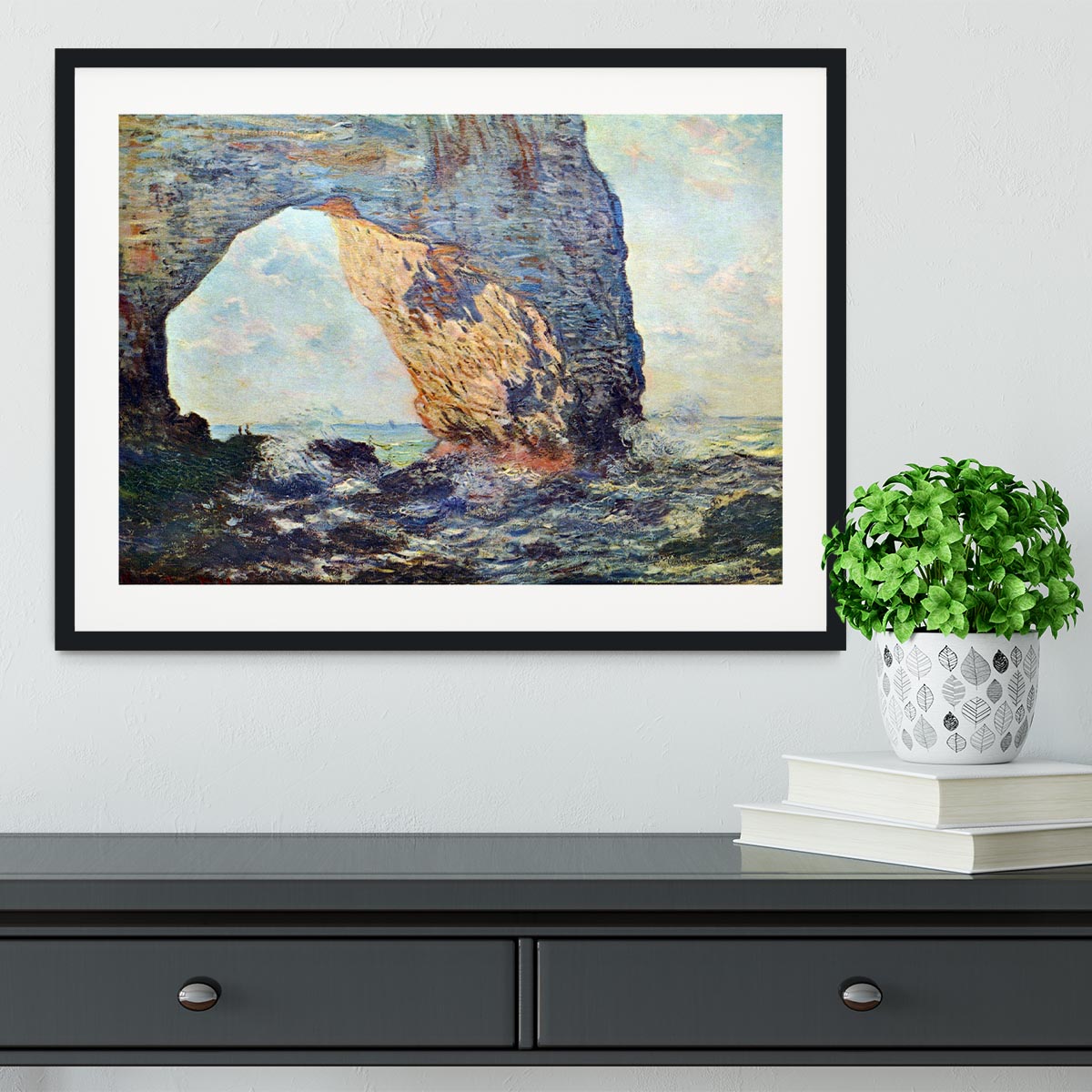 The rocky cliffs of etretat La Porte man 1 by Monet Framed Print - Canvas Art Rocks - 1