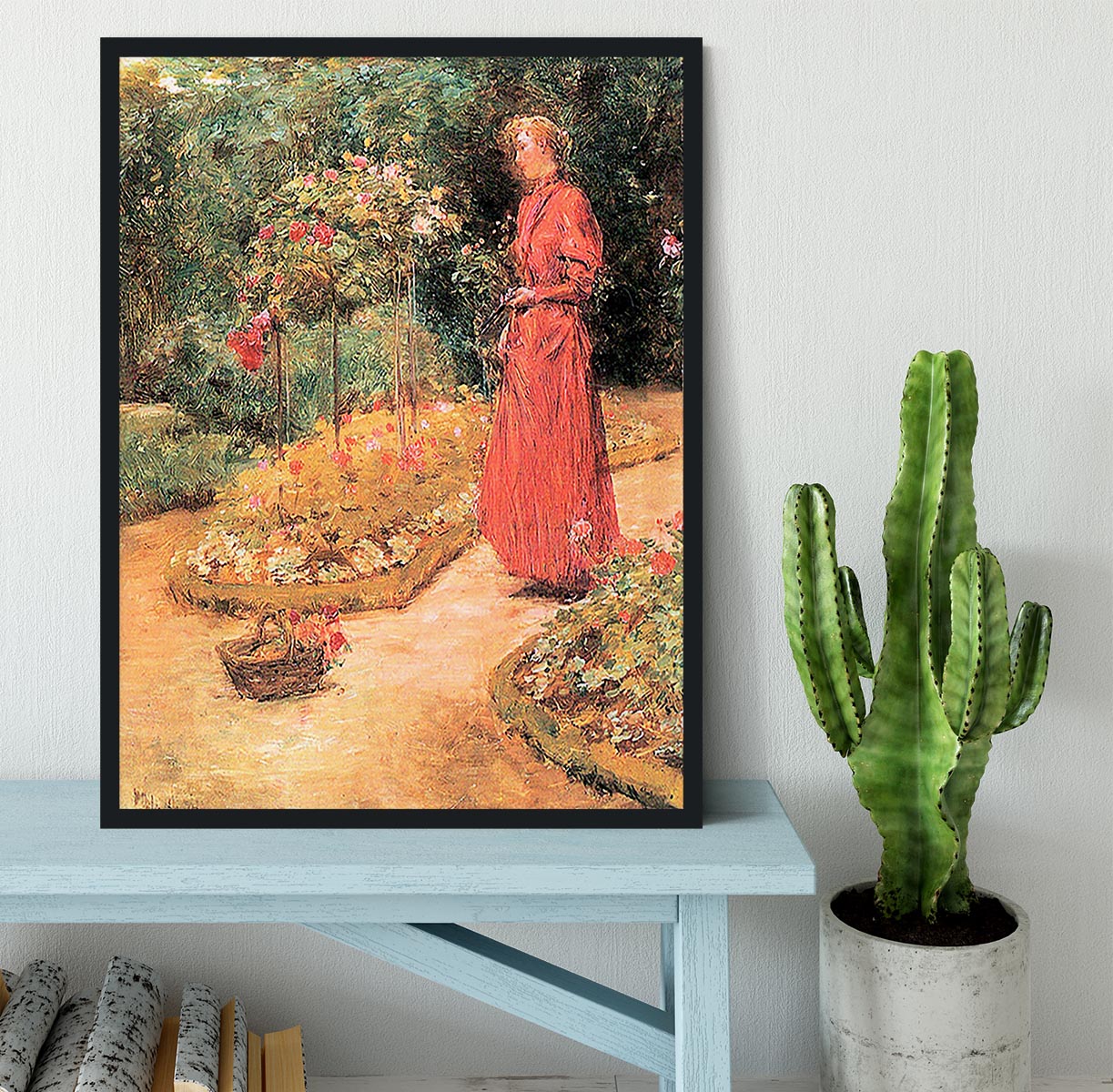 Woman cuts roses in a garden by Hassam Framed Print - Canvas Art Rocks - 2