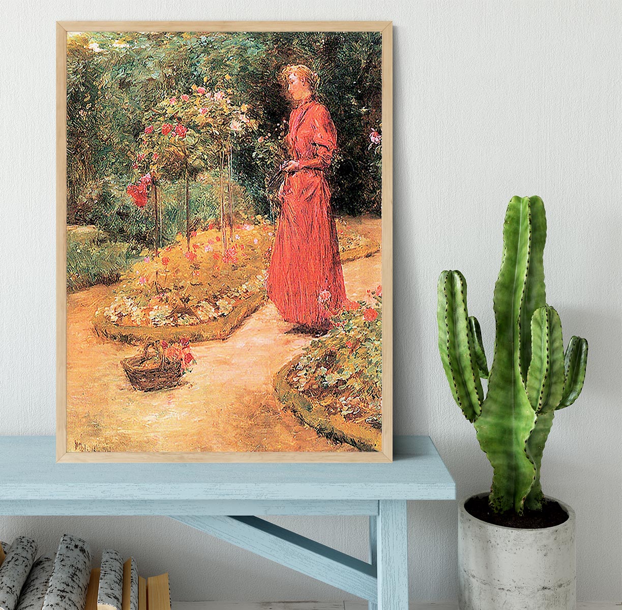 Woman cuts roses in a garden by Hassam Framed Print - Canvas Art Rocks - 4