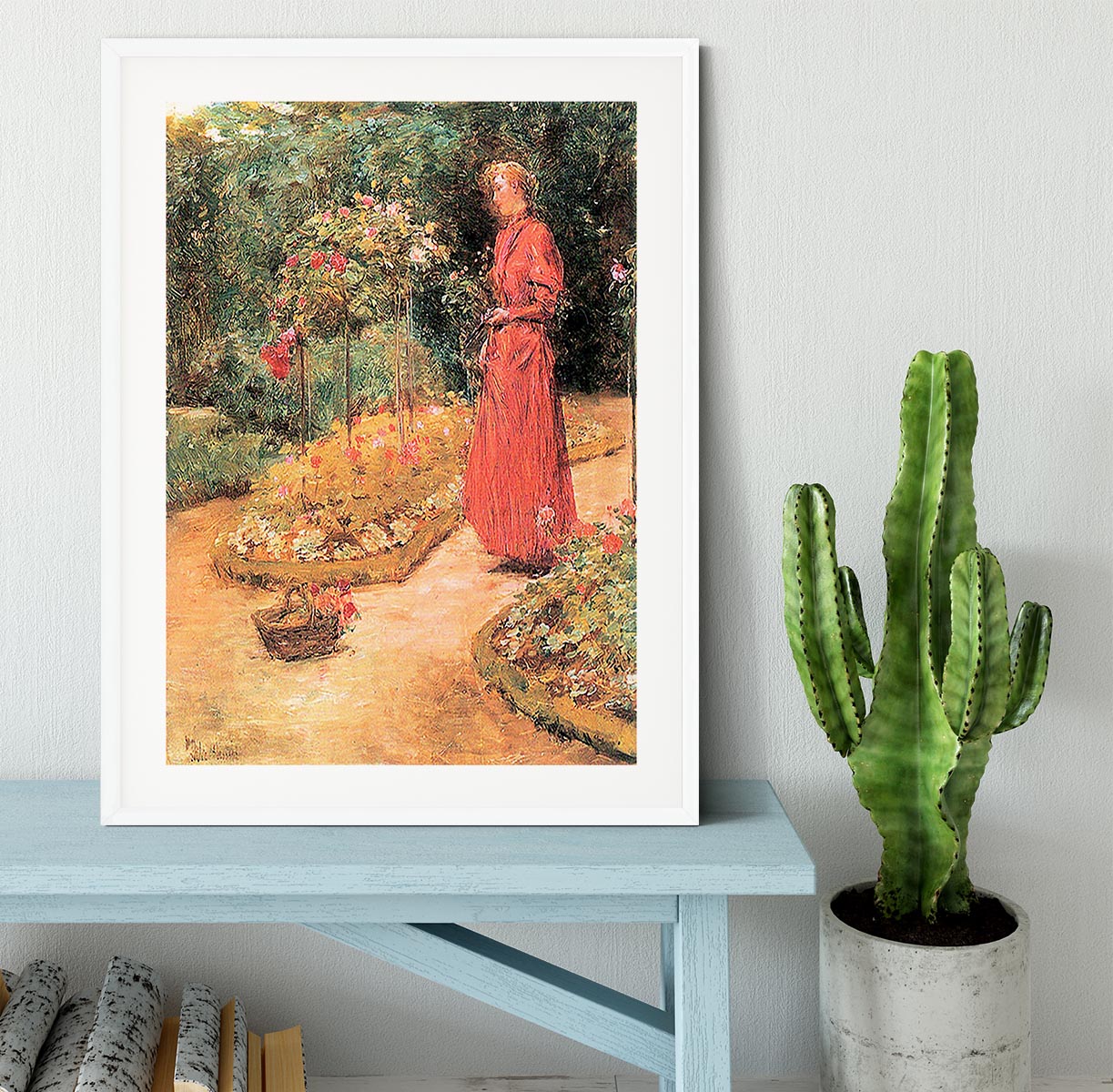 Woman cuts roses in a garden by Hassam Framed Print - Canvas Art Rocks - 5